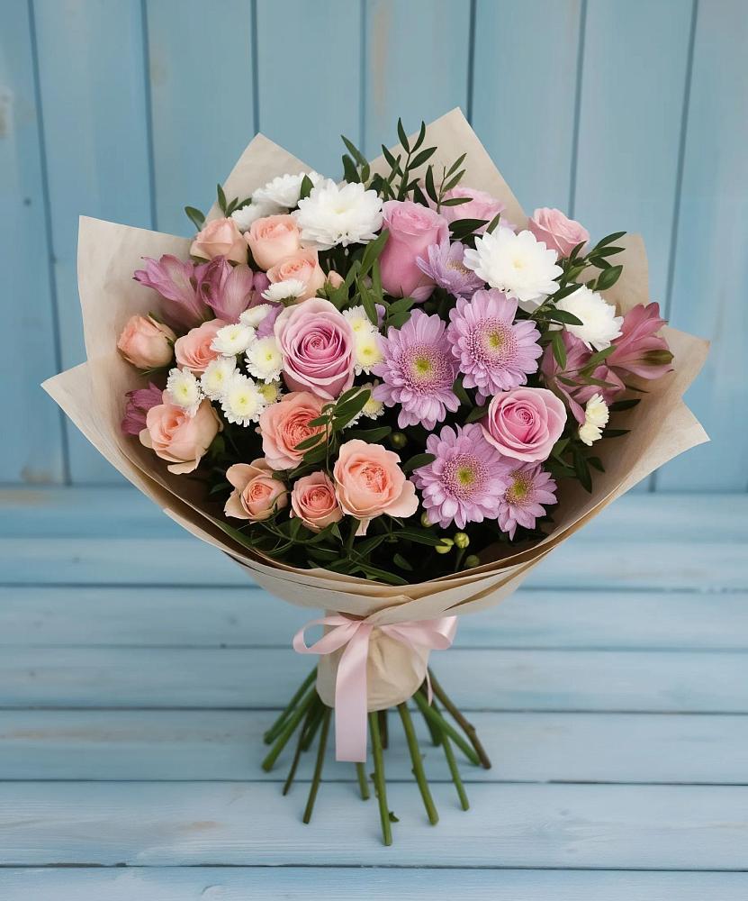 Букет цветов из: Хризантемы, Розы и Альстромерии в Еткуль